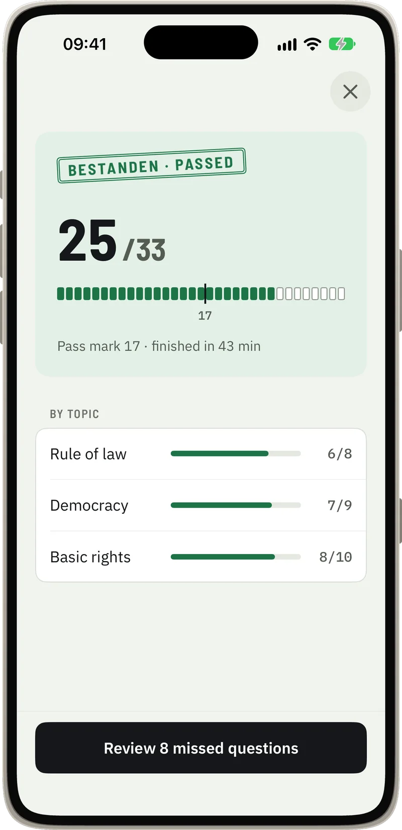 Mock exam result: passed with 25 of 33, results by topic