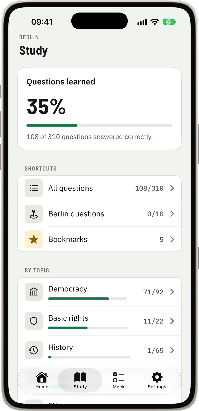 Study screen: questions learned, Berlin questions and topics such as Democracy and Basic rights