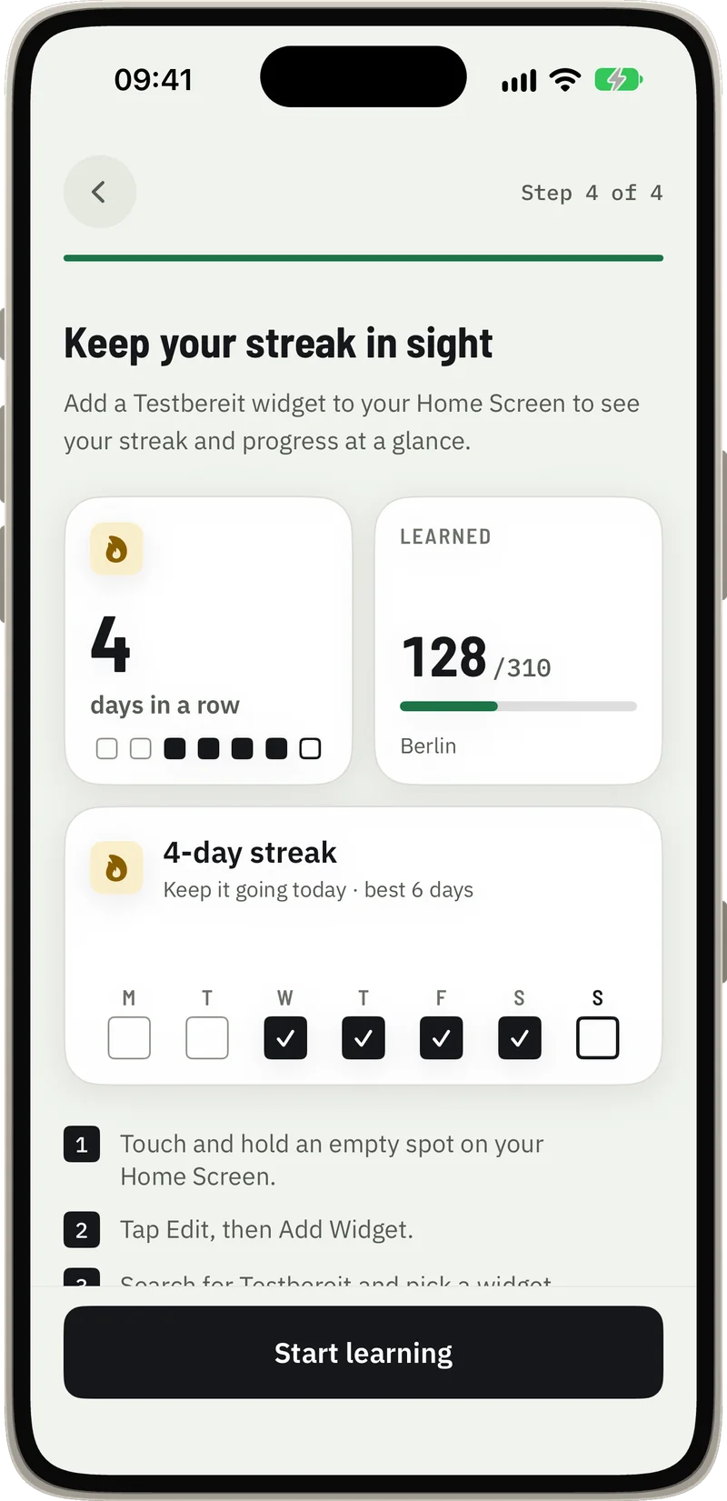 Home Screen widgets showing a 4-day streak and 128 of 310 questions learned
