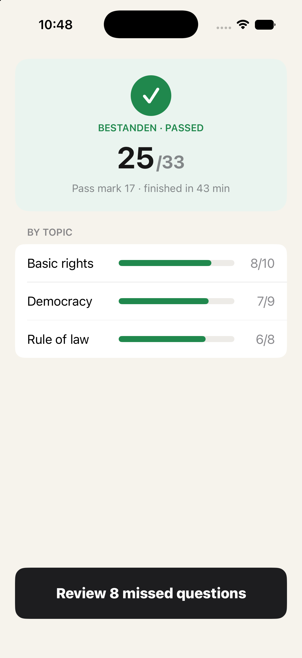 Testbereit mock exam result screen showing a passed Einbürgerungstest score.