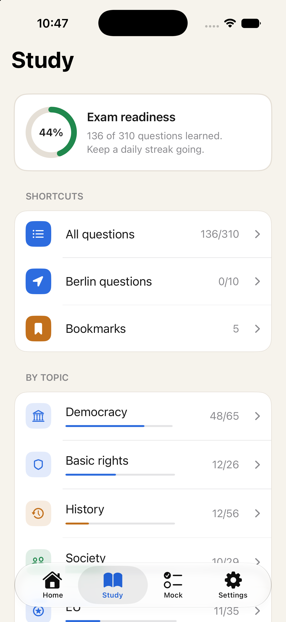 Testbereit study screen showing Einbürgerungstest topics by category.
